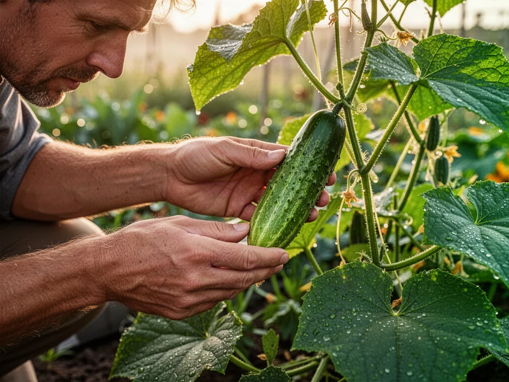 Dłonie ogrodnika delikatnie dotykające dojrzałego, zielonego ogórka rosnącego na krzaku w słonecznym ogrodzie.