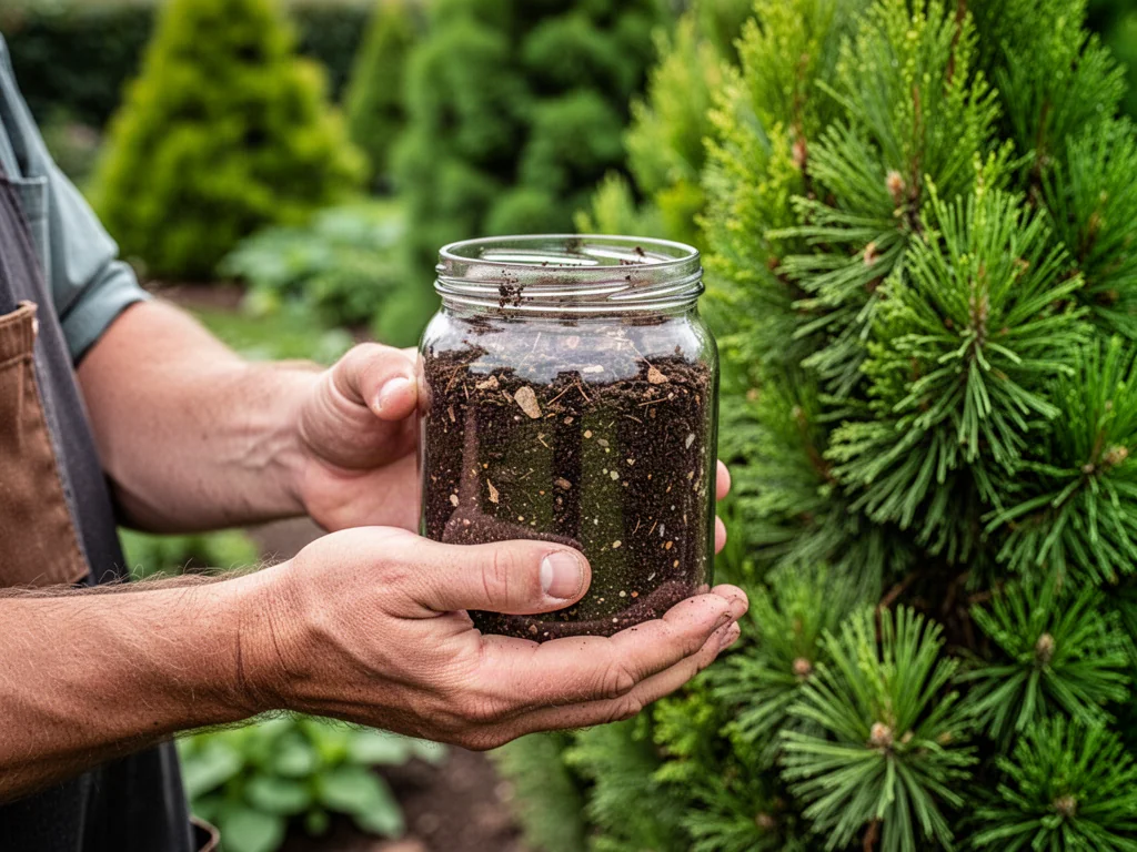 Dłonie ogrodnika trzymające słoik z domowym nawozem organicznym na tle zielonych iglaków w ogrodzie.