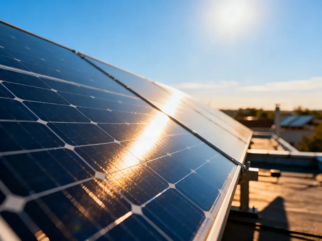 Zbliżenie na powierzchnię nowoczesnego panelu fotowoltaicznego z odbiciem błękitnego nieba, obrazujące proces pozyskiwania energii.