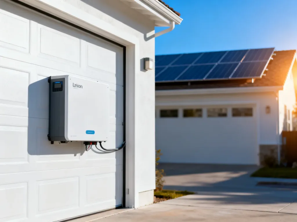 Nowoczesny domowy magazyn energii litowo-jonowy zamontowany na ścianie obok domu z instalacją fotowoltaiczną.